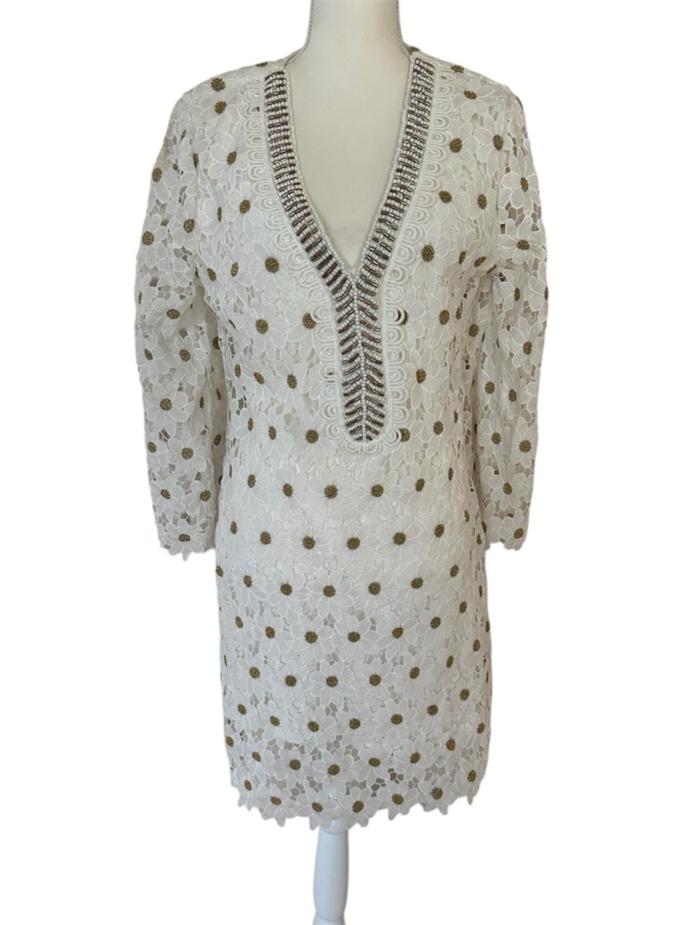 Boston Proper White Floral Lace Dress with Beaded Detail